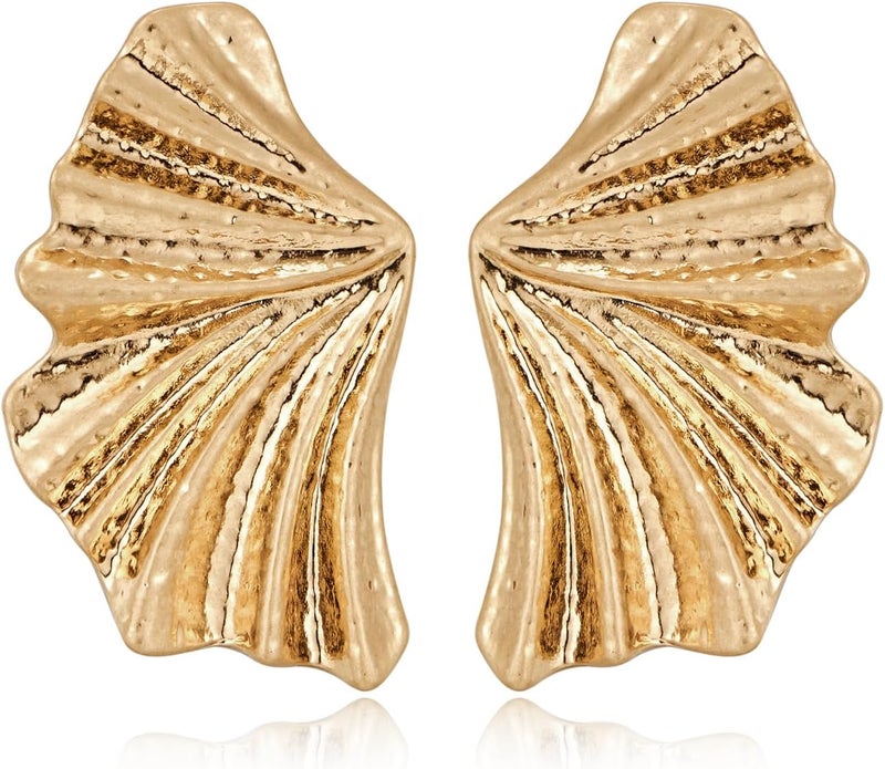FAUTHENTICUTE Chunky Gold Statement Earrings For Women Gold Plated Sectored Flower Leaf Shell Angel Wing Earrings Large Stud Earrings Hypoallergenic Earrings - Image 1